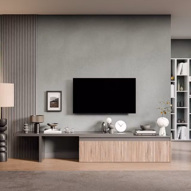 Decorotika Haarlem Modern Wall Mounted Entertainment Center in Black with Geometric Alina Pattern