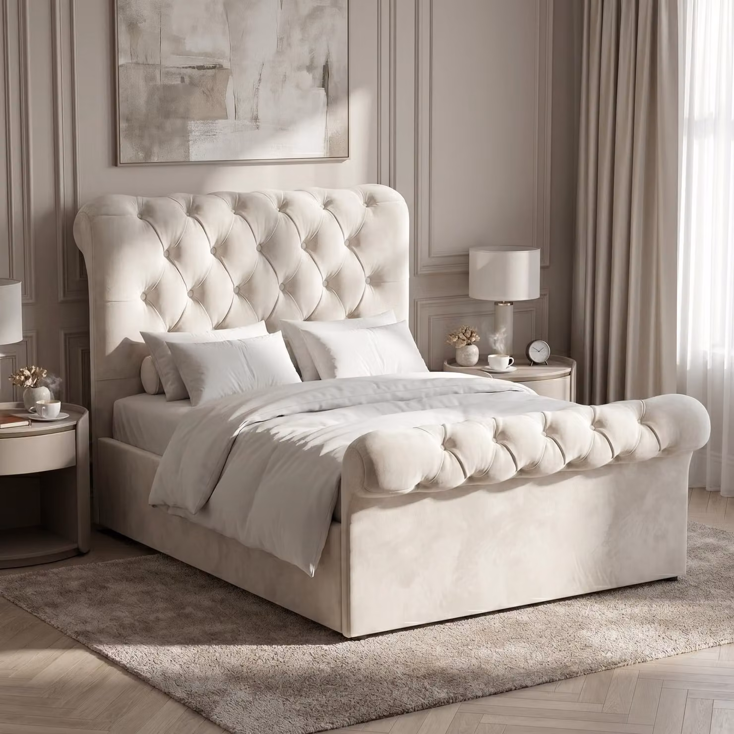 DHS Chesterfield Ottoman Storage Bed Frame with Side Lift Base in Beige Velvet, W/D/H: 120 x 200 cm