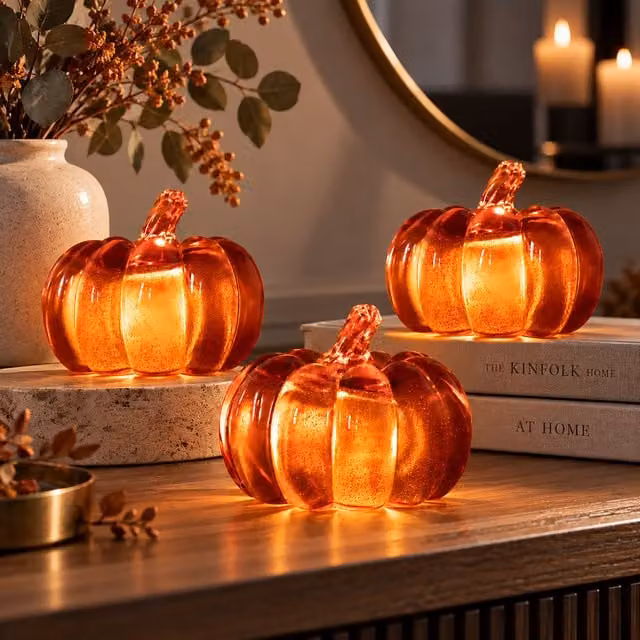 Marco Paul Set of 3 Orange Light Up Acrylic Pumpkin Tabletop Decorations for Halloween and Autumn