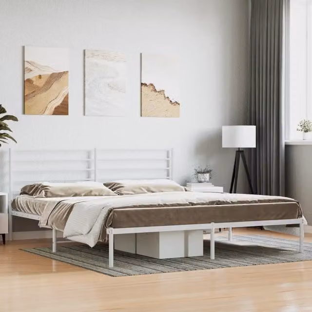 Berkfield Home Metal Bed Frame with Headboard in White W: 183 cm