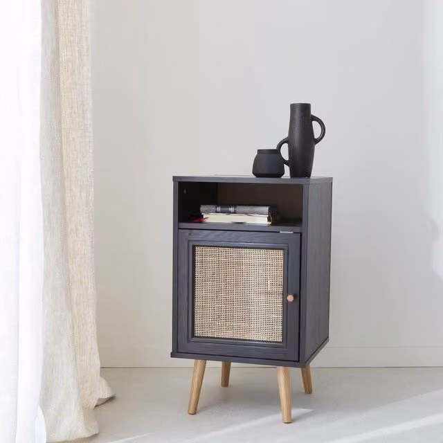 sweeek Scandi-style Bedside Table with Drawer in Black and Rattan Wood – 1