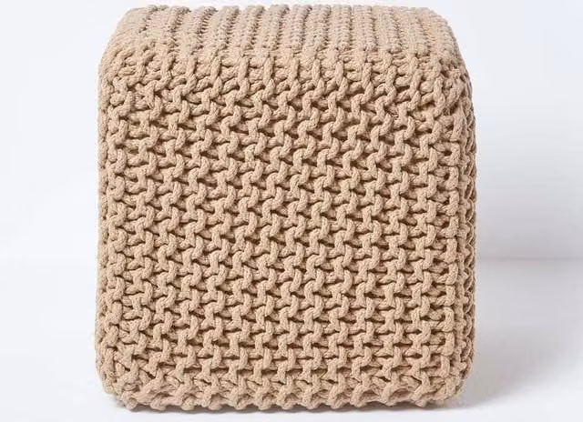 Homescapes Cube Cotton Knitted Pouffe Footstool in Beige – 1