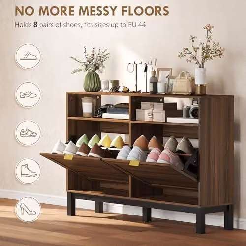 HOMCOM Rustic Brown Narrow Shoe Cabinet with 2 Tilting Compartments and Open Shelf, W/D/H: 80 x 29 x 120 cm – 3