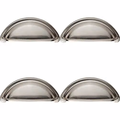 Loops 4 Pack Shell Cabinet Cup Pull Handles in Brushed Silver, W: 9.4 cm, H: 4.15 cm, Fixing Centres: 7.6 cm – 1