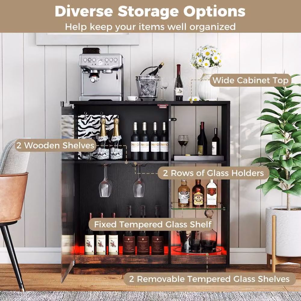 Costway Modern Wine Bar Cabinet with Integrated LED Lights and Glass Doors in Black – 6
