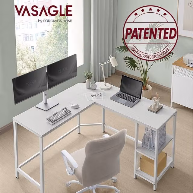 VASAGLE L-Shaped Corner Desk with Removable Storage Shelves in White
