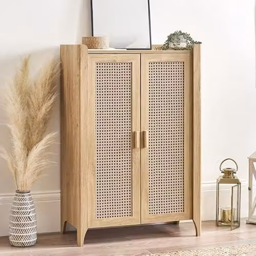 Julian Bowen Sydney Brown Faux Rattan Effect 2 Door Shoe Cabinet with Internal Shelves, W/D/H: 120 x 41 x 80 cm – 1