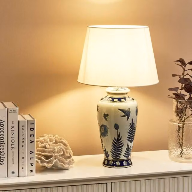 Wyld and Coco White and Blue Ceramic Table Lamp with Fabric Shade – 1
