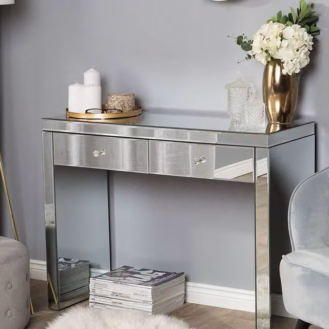 Wyld and Coco Silver Glass Console Table with 2 Drawers and Crystal Knobs, W/D/H: 100 x 35 x 77 cm