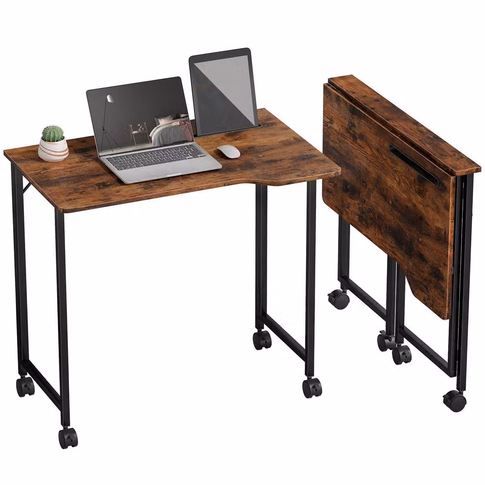 HOMCOM Small Folding Writing Desk with Castors in Brown – 2