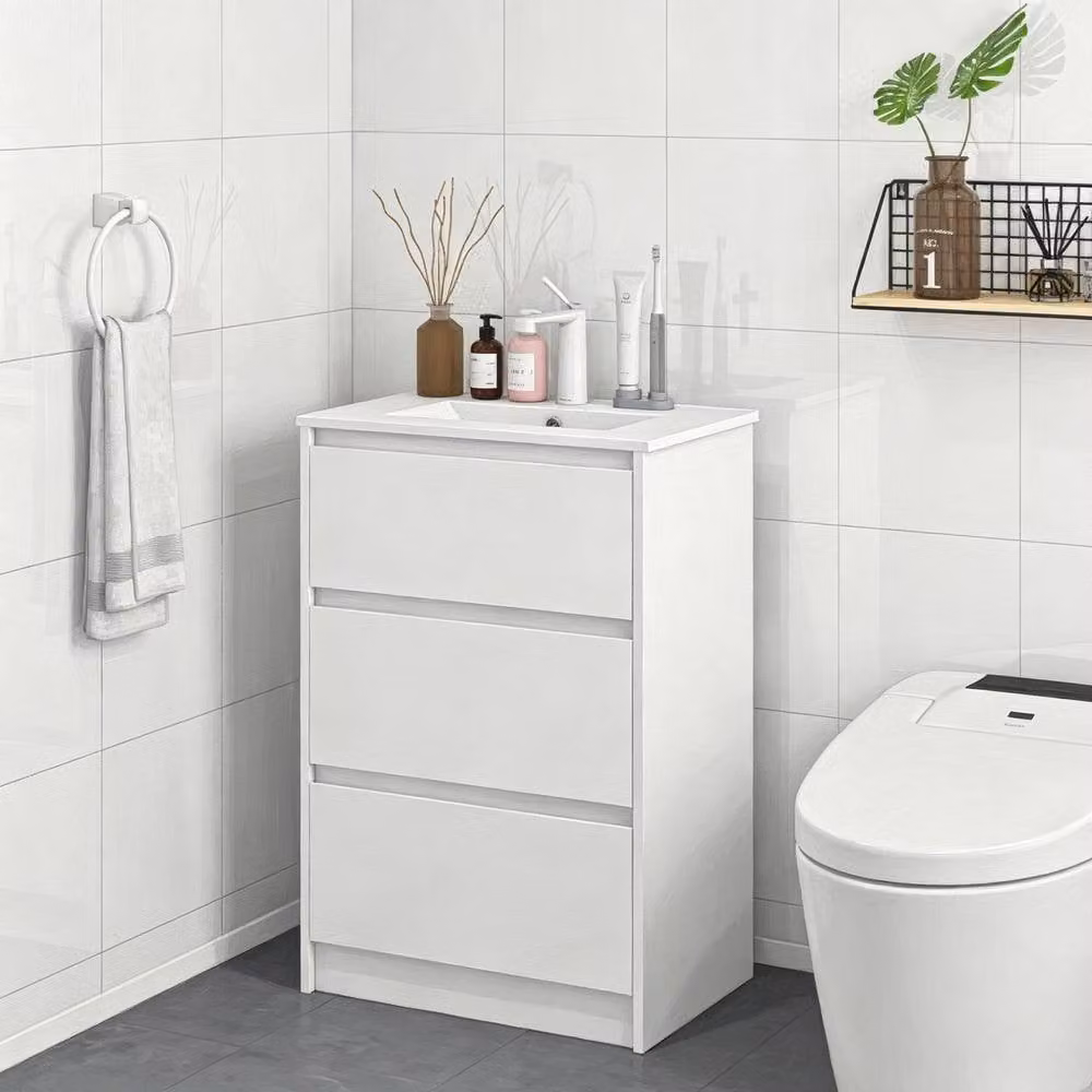 STILVORA Modern Glossy White Bathroom Vanity Unit with Basin and 2 Drawers, W/D/H: 61 x 37 x 88 cm – 2