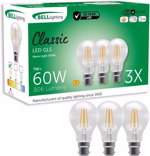 BELL Lighting B22 LED Filament Globe Bulbs, Warm White, 7W, Pack of 6