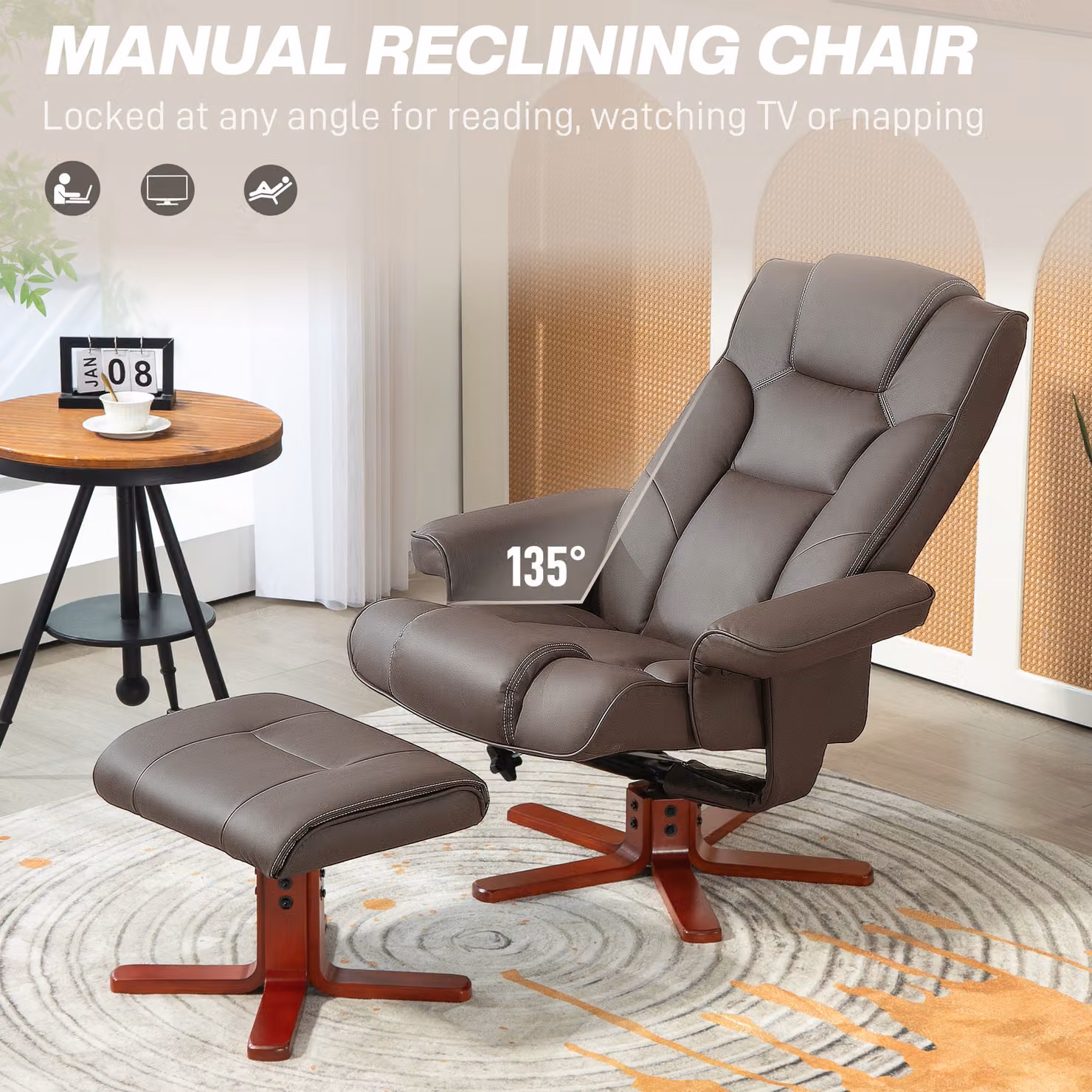 HOMCOM Brown Faux Leather Manual Recliner and Footstool Set – 4