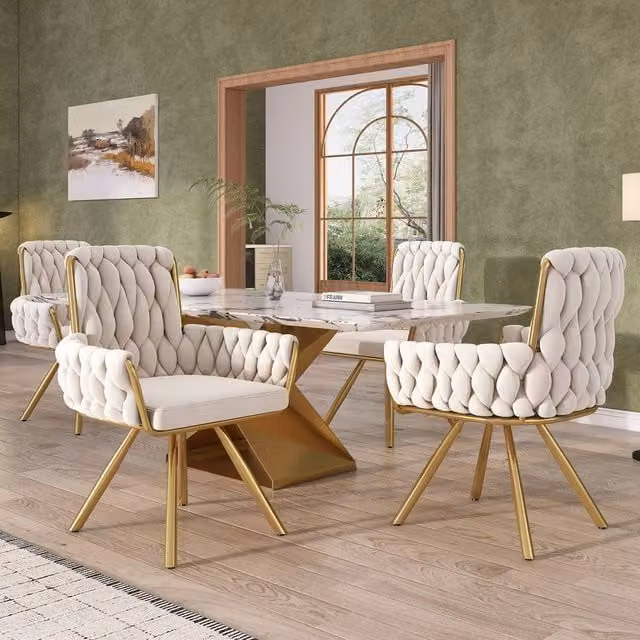 ModernLuxe Velvet Swivel Armchair Set with Metal Legs, Beige, 4 Pack