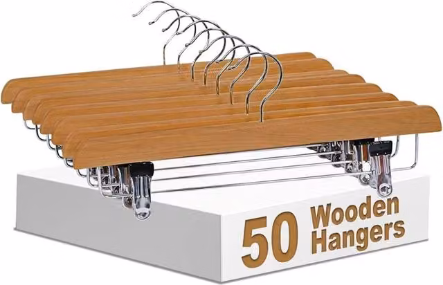 PAWNORA 50 Piece Set of Non-Slip Wooden Trouser Hangers with Clips in Brown