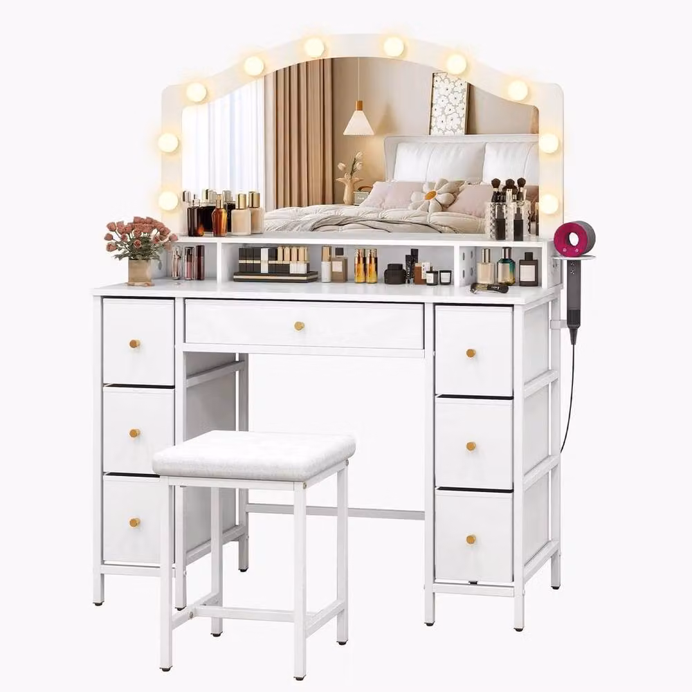 FORGEVIO White Modern Dressing Table and Stool Set with 10 LED Hollywood Bulbs – 3