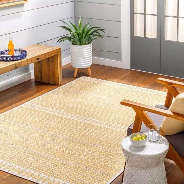 Livabliss Aegean Geometric Round In- & Outdoor Rug in Blue, Beige, Yellow and Pink, Diameter: 160 cm
