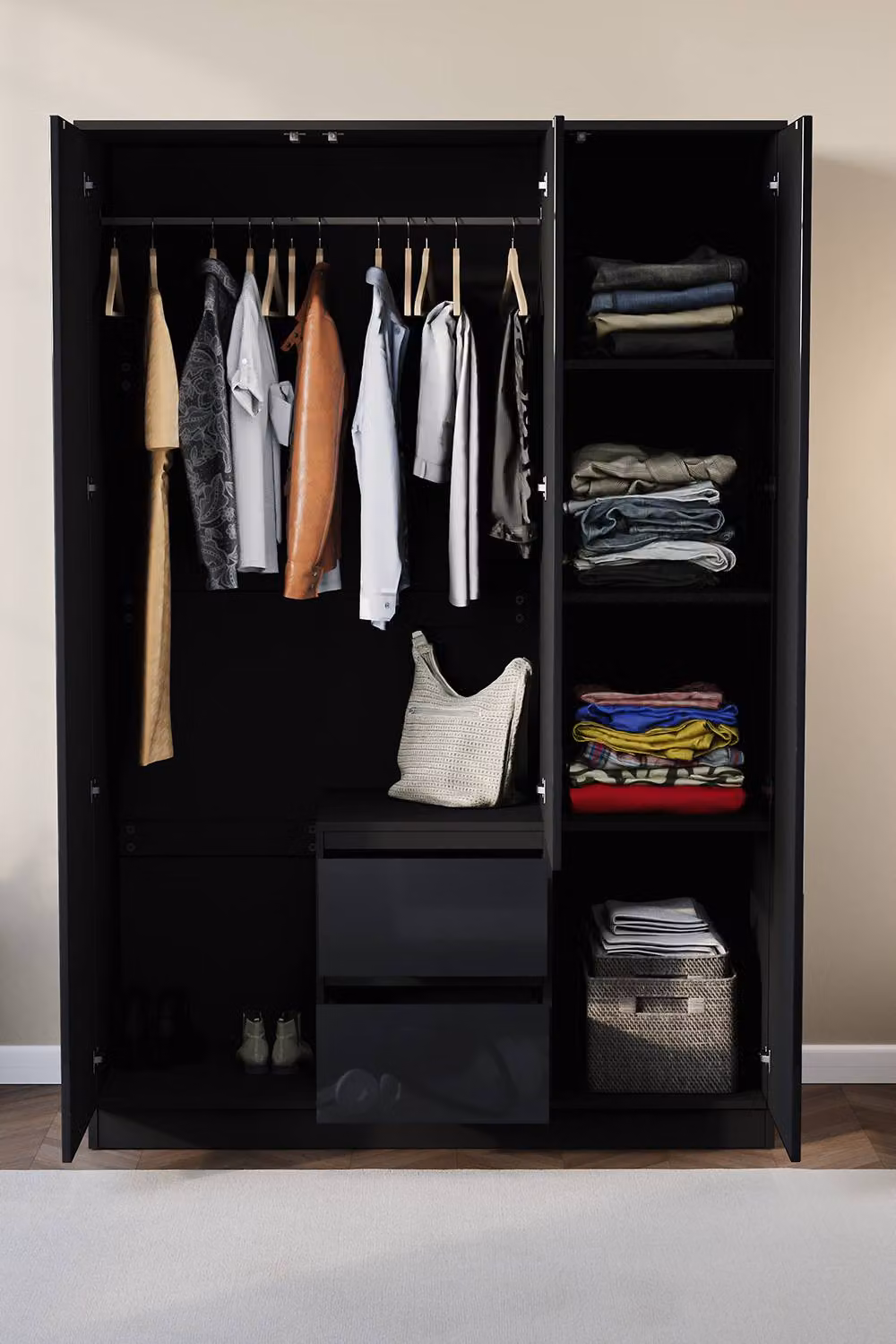 HD Designs Glinton High Gloss 3 Door 2 Drawer Wardrobe in Black – 3