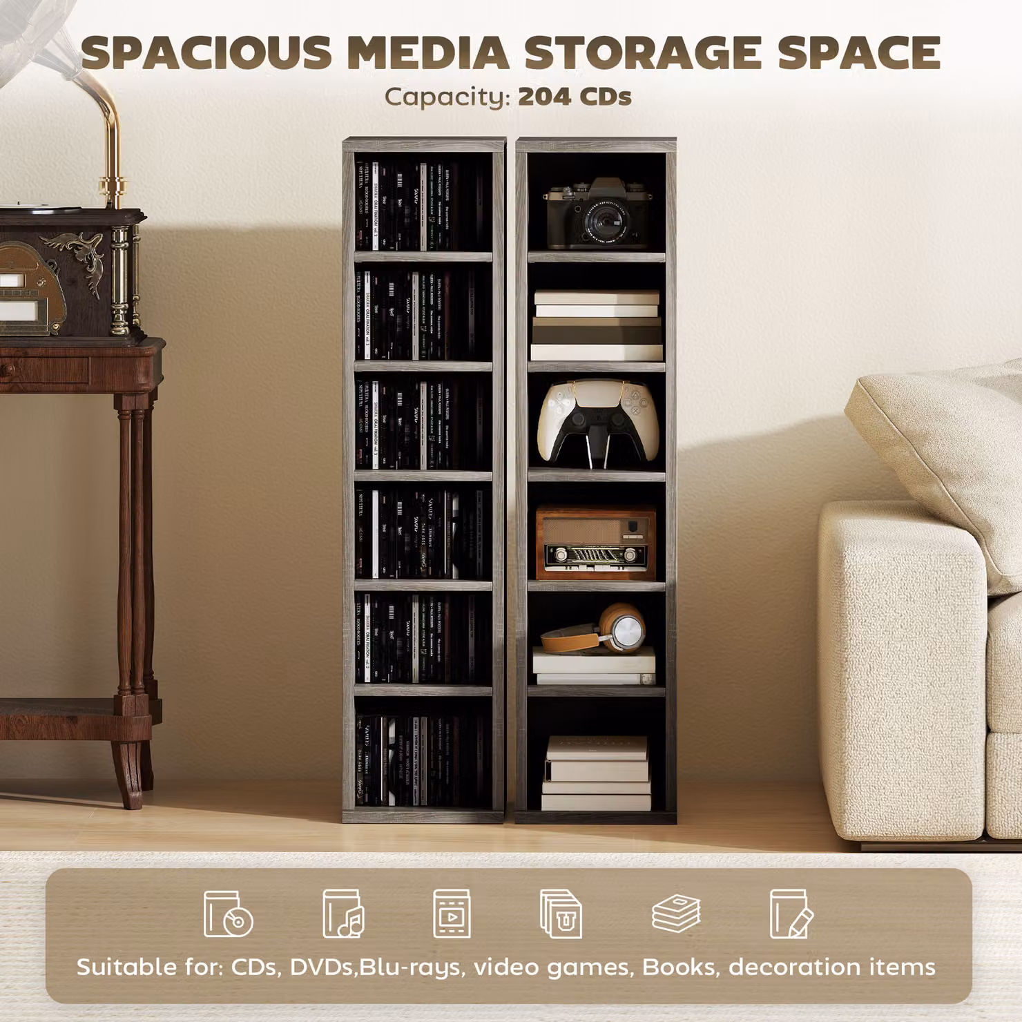 HOMCOM Set of 2 CD Media Display Tower Racks with Adjustable Shelves in Distressed Grey – 4