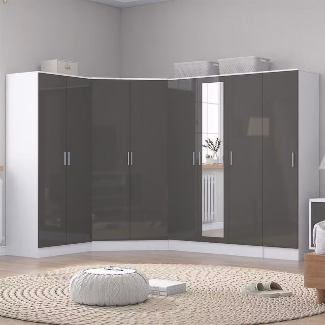 REFLECT Wardrobe Bundle in Grey Gloss and Matt White, featuring Corner, 3-Door, 2-Door and 1-Door units with Soft-Close Hinged Doors and Mirrors