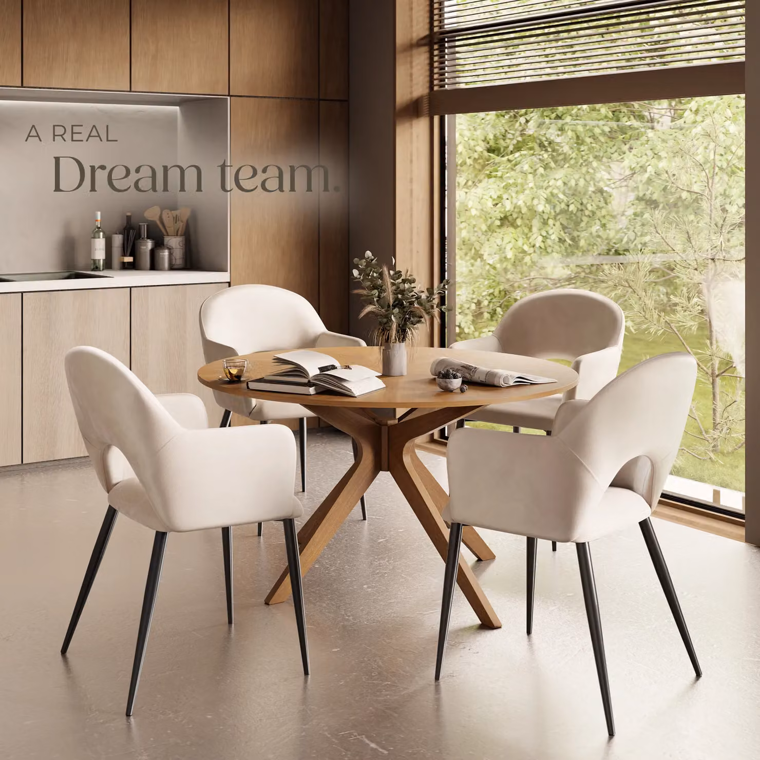 tectake Sasha Set of 4 Modern Dining Chairs in Cream Velvet with Oak Legs – 5