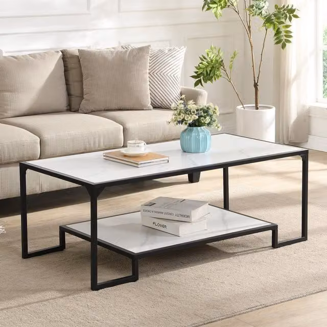 Artemis Home Modern Rectangular Ceramic Coffee Table with Metal Legs in White and Black
