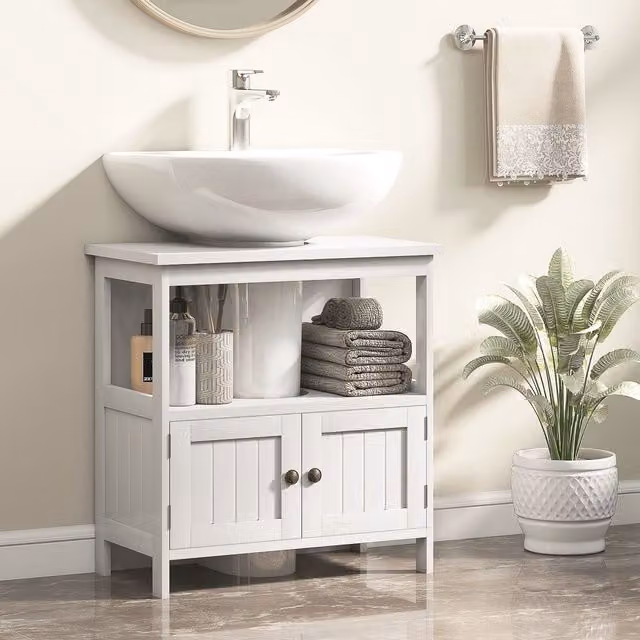 Kleankin White Pedestal Under Sink Bathroom Storage Cabinet with Hinged Doors and Internal Shelves – 1
