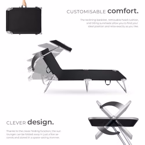 tectake Folding Sun Lounger in Black with Sun Canopy and Adjustable Headrest, W/D/H: 190 x 68 x 111 cm – 5