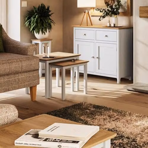 FWStyle Nest of 2 Tables with White Linen and Oak Tops, W/D/H: 55 x 45 x 44 cm – 7