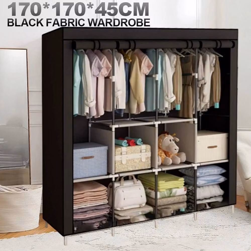 PAWNORA Large Black Canvas Fabric Wardrobe with Roll Shutter Doors and Hanging Rod, H 170 cm x W 170 cm – 4