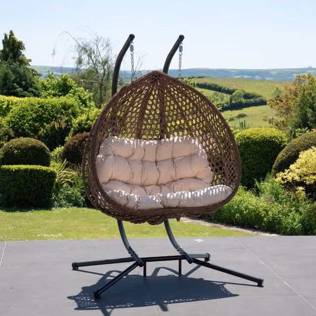 Artemis Home Modern Double Garden Hanging Egg Chair in Beige and Black Polyrattan with Fabric Cushions