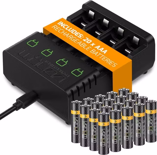 Venom 4-Way USB-C Charger with 20 x 500mAh AAA Rechargeable Batteries, Black