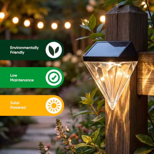 Gardenwize Pack of 4 Solar Diamond LED Fence Post Lights in Warm White and Transparent – 4