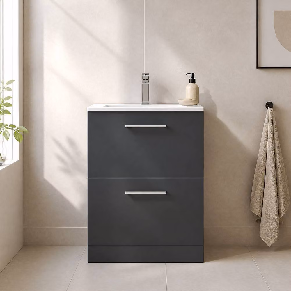Balterley Modern Bathroom Floor Vanity Unit with 2 Soft Close Drawers and Basin, Grey and Black – 2
