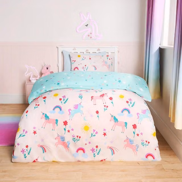 OHS Reversible Unicorn Magic Pink Childrens Duvet Cover, 90 x 190 cm