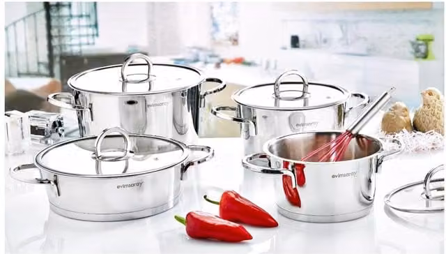 Evimsaray Elit Series 8-Piece Stainless Steel and Glass Cookware Set with Lids, Silver