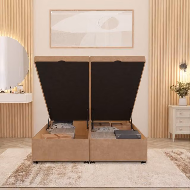 Somnior Beds Ltd Horizona Storage Ottoman Bed with Lift Up Base and Floor Standing Headboard in Beige Velvet, W/D/H: 140 x 190 x 137 cm
