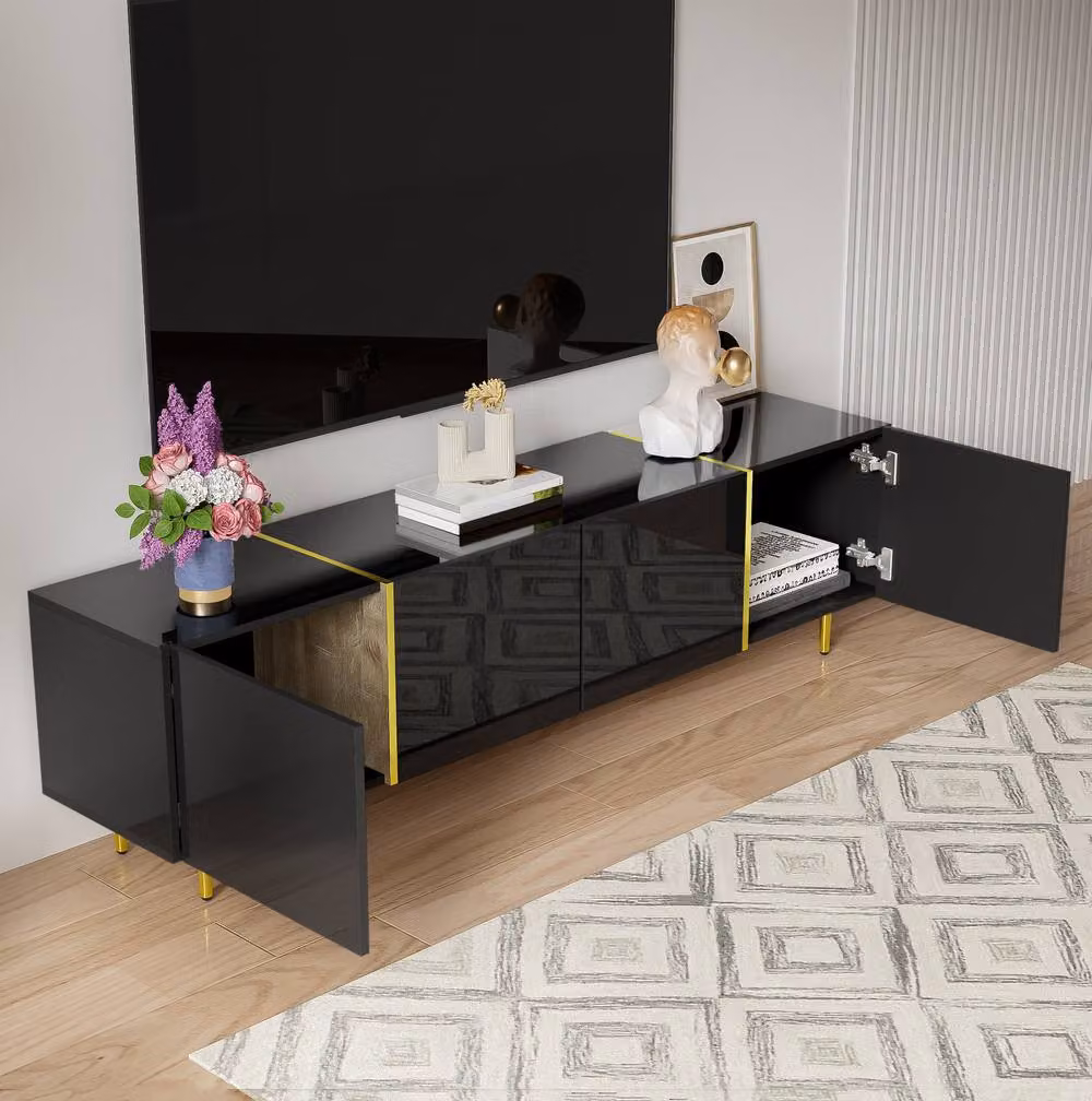STILVORA Modern Glossy Black and Gold TV Cabinet with Four Doors and Media Compartments – 5
