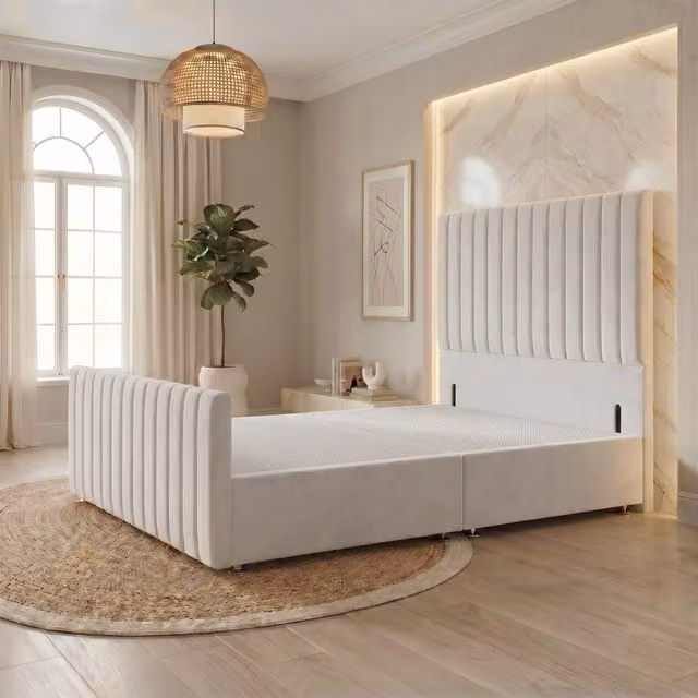 Somnior Eleanor Velvet Divan Base with Headboard and Footboard, White, W/D/H: 90 x 190 x 55.88 cm