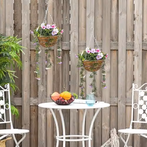 HOMCOM Set of 2 Artificial Hanging Baskets with Pink and White Silk Azalea Flowers – 4