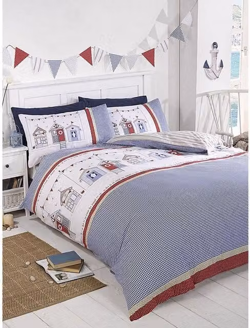 Rapport Beach Hut Reversible Checked Duvet Cover and Pillowcase Set in Blue