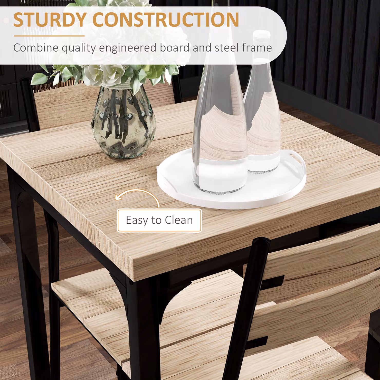 HOMCOM Small Dining Table and 2 Chairs Set with Natural Wood Finish and Metal Legs in Brown – 5