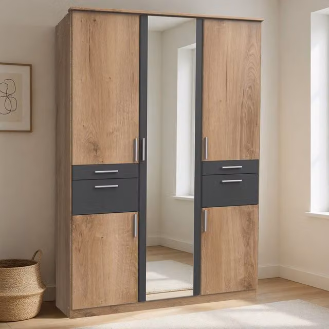 Koblenz 3 Door Wardrobe in Planked Oak and Graphite with Mirror, W: 135 cm