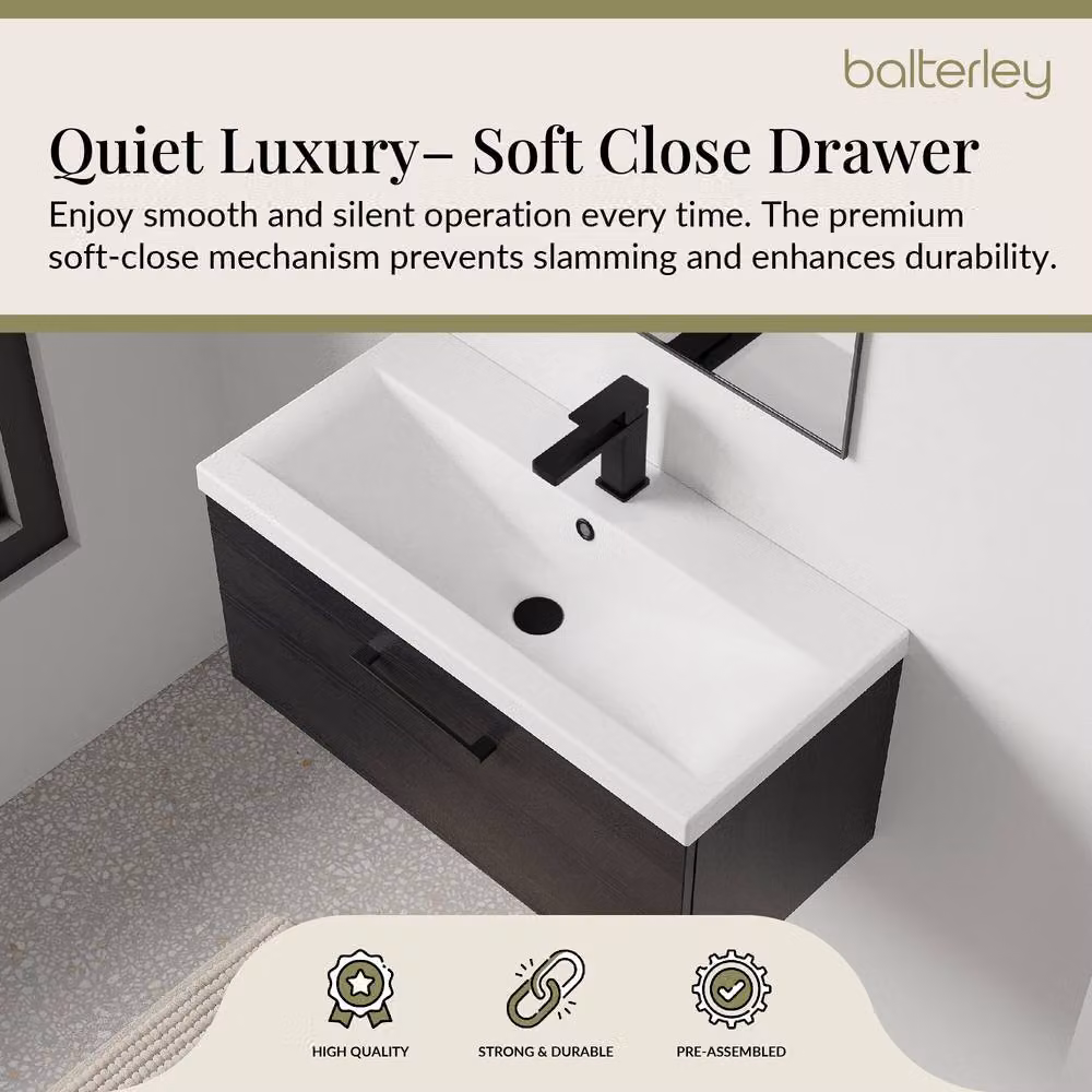 Balterley 800mm Wall Hung 1 Drawer Vanity Unit in Woodgrain Black with Black Handle – 3