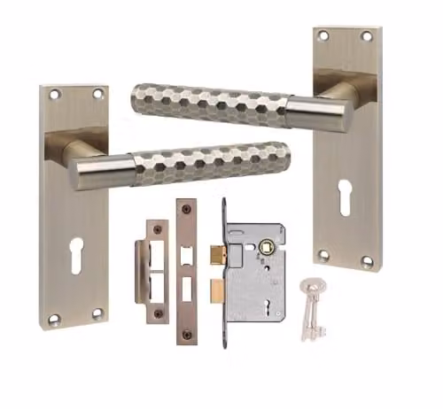 Golden Grace Victorian Knurled Lock Door Handle Set in Antique Brass