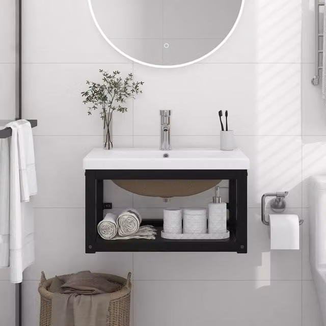 Berkfield Home Modern Bathroom Washbasin Frame with Built-in Ceramic Basin in Matt Black Metal