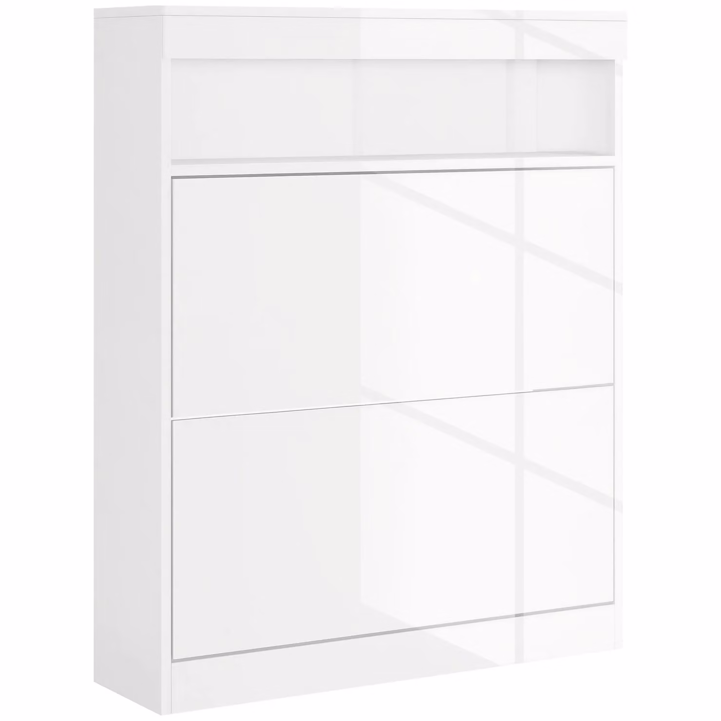 HOMCOM Narrow White Shoe Cabinet with 2 Tilting Drawers and Open Shelf, Freestanding or Wall Mounted, H: 80.0 cm x W: 99.5 cm x D: 2.0 cm – 2