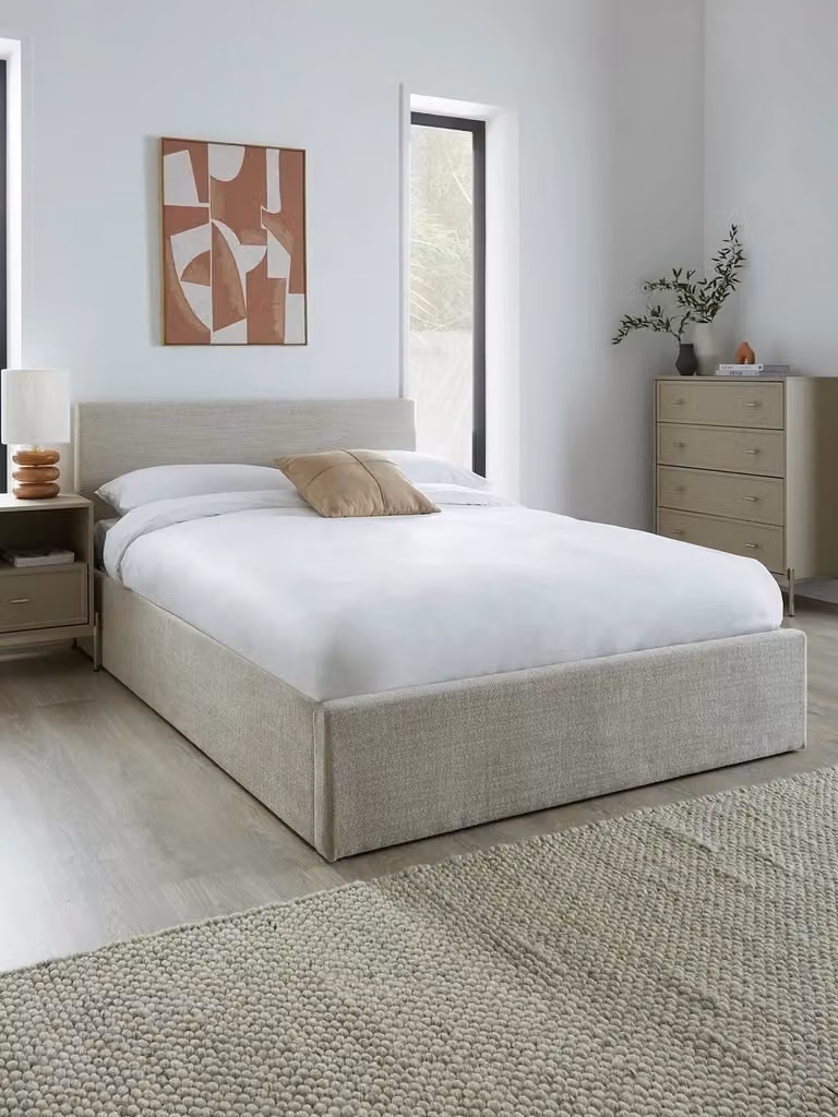 Porto Small Double Lift Up Storage Ottoman Bed Frame in Beige Upholstered Fabric, W/D/H: 120 x 200 cm