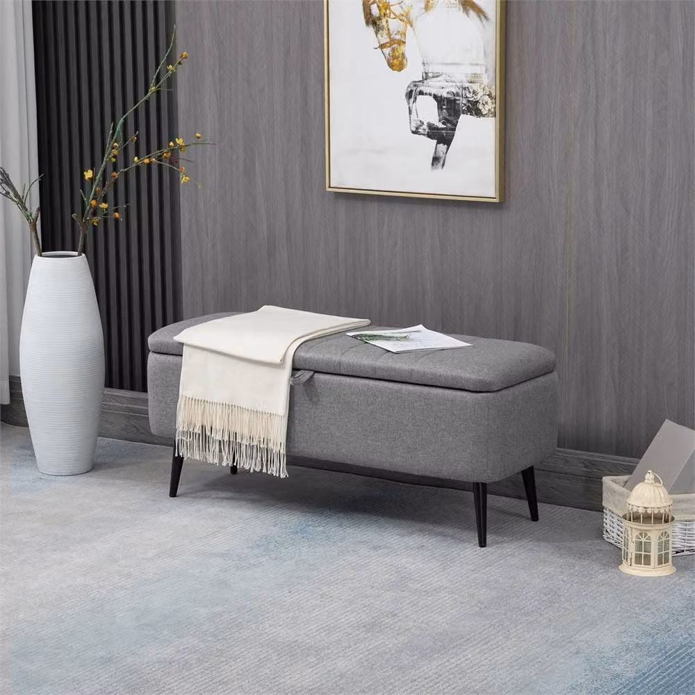 KORVIXA Grey Linen Fabric Storage Ottoman Bench – 3