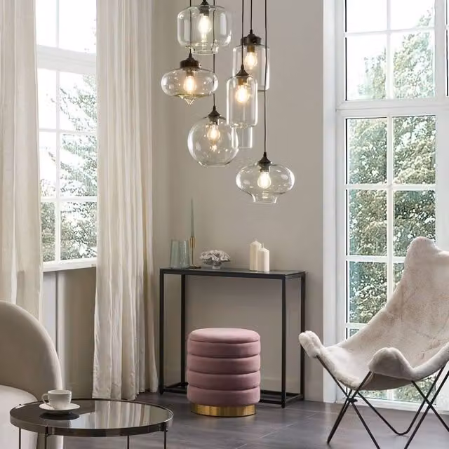 Wyld and Coco 6-Light Industrial Pendant Lamp with Transparent Glass Shades and Black Metal Frame